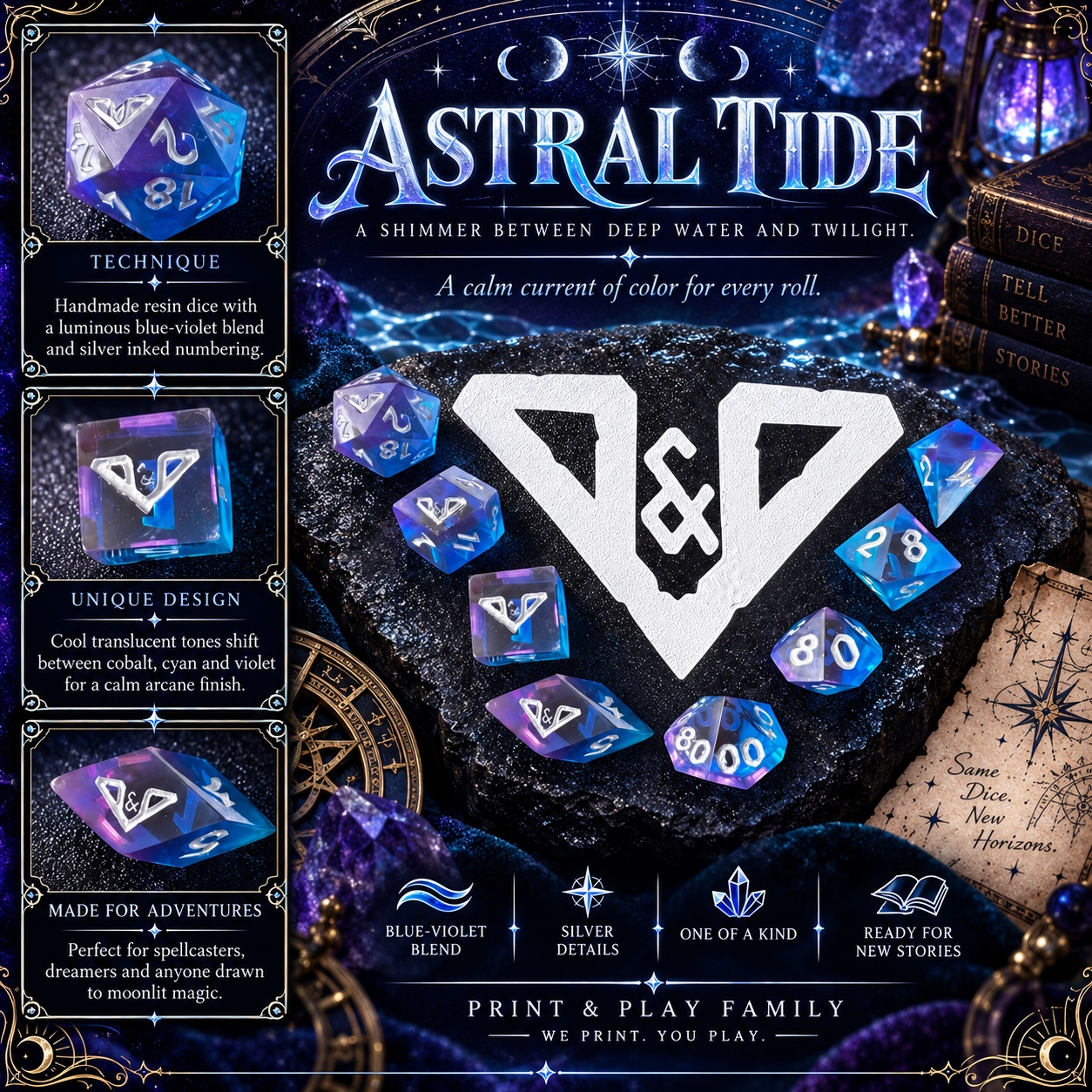 Astral Tide handmade resin dice set
