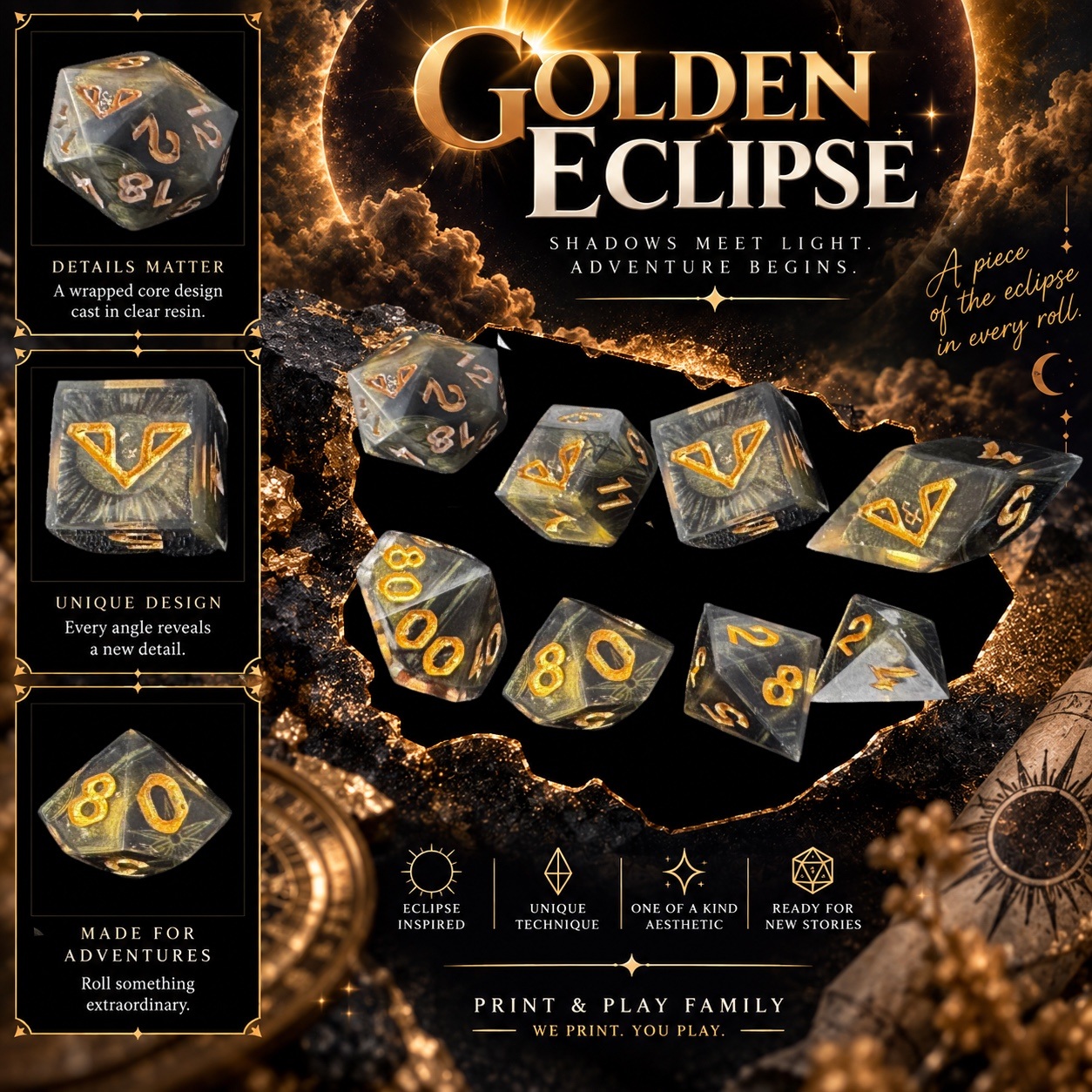 Golden Eclipse handmade resin dice set